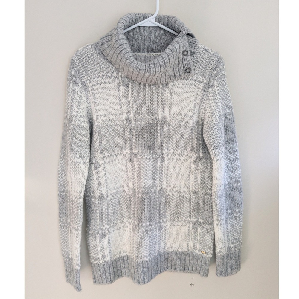 Tommy Hilfiger Sweater Womens Small Gray‎ White Plaid Button Cowl Neck NWT $90